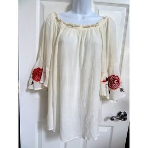 Speed Limit Plus Sz 2X Off-White Crinkle Embroidered Boho Ruffle Blouse 117761